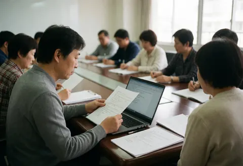 Group of professionals in a business meeting reviewing documents and using a laptop on a conference table
