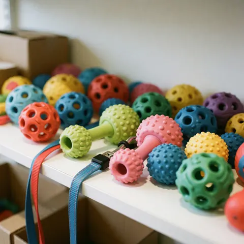 Colorful pet toys on a white shelf, with colorful straps.