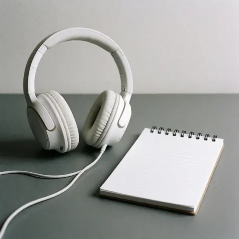White wired headphones and a spiral notebook resting on a gray desk surface for customer service or remote work