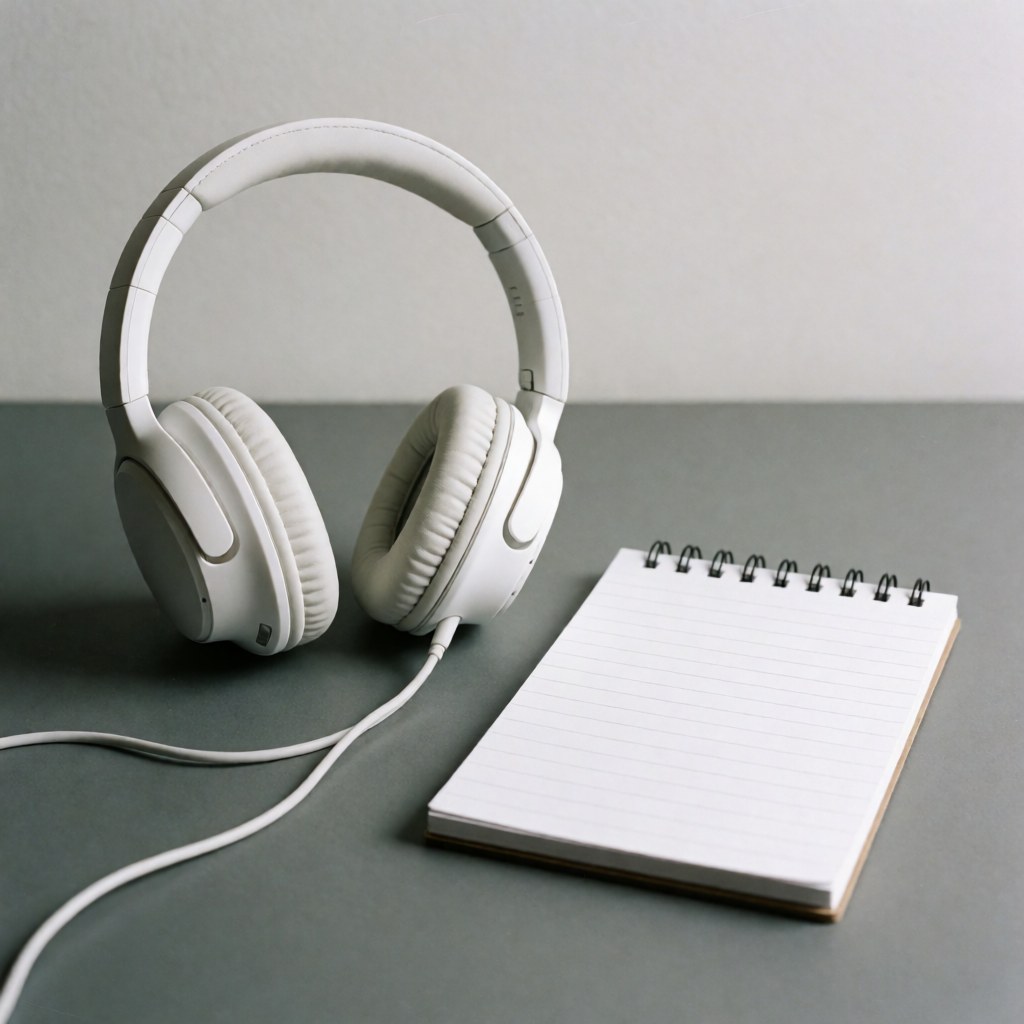 White wired headphones and a spiral notebook resting on a gray desk surface for customer service or remote work