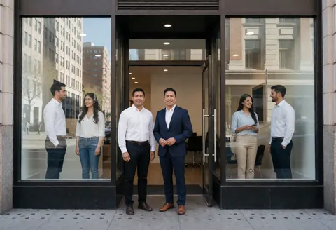 Group of smiling professionals standing at the entrance of a financial consulting office with street reflections visible in the glass windows.