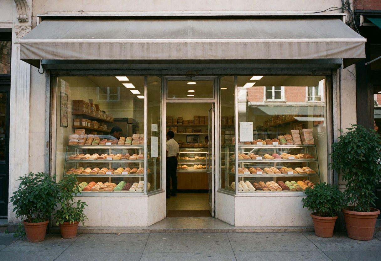 Exterior view of a bakery featuring a glass display case with pastries, potted plants, and an open entrance door.