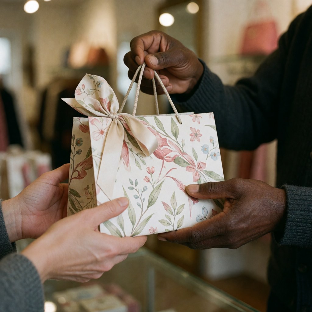 One person hands a floral gift bag with a ribbon to another person in a store.