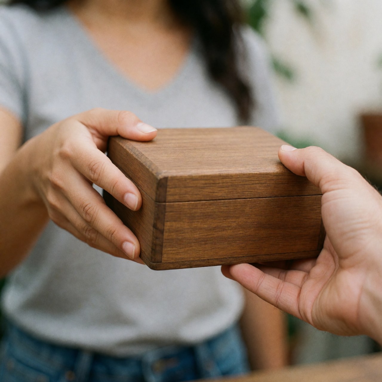 Close-up of hands holding a textured wooden box against a soft blurred background, suitable for university or craft product displays