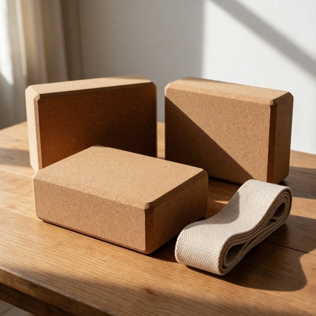 Three cork yoga blocks and a rolled-up yoga strap on a light wooden table.