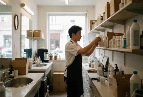 A barber arranges grooming products on shelves in a barbershop with natural light and professional furniture visible.
