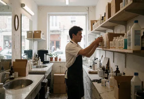A barber arranges grooming products on shelves in a barbershop with natural light and professional furniture visible.