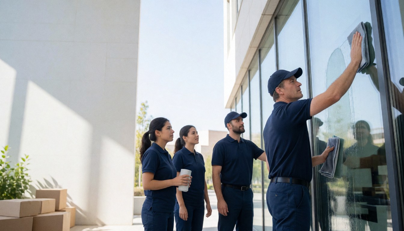 Four cleaners in blue uniforms washing glass windows on a modern corporate building facade under bright sunlight