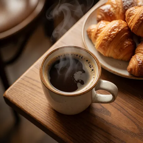A steaming cup of black coffee sits next to golden croissants on a plate atop a wooden table in a warm cafe setting.