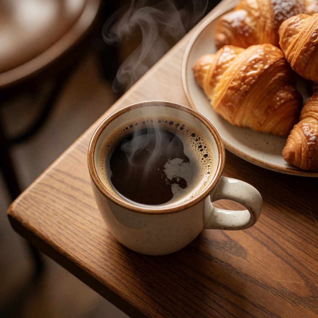 A steaming cup of coffee sits next to golden croissants on a plate atop a wooden table in a warm cafe setting.