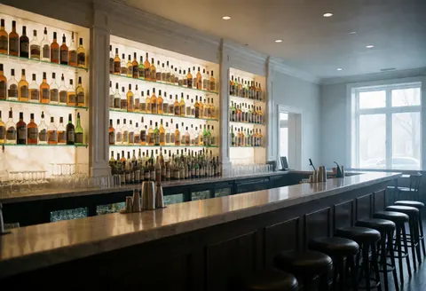 Empty bar counter with backlit liquor shelves, bar stools, and natural light from a window creating a clean professional atmosphere