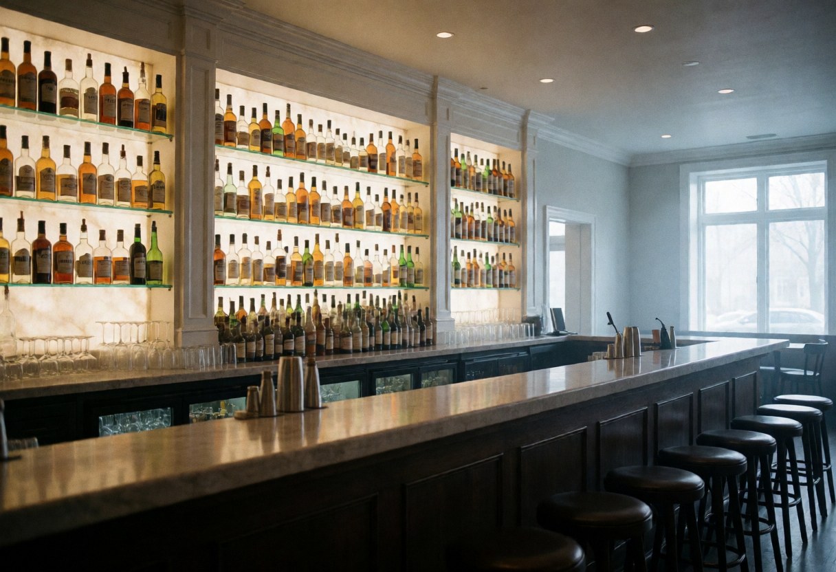 Empty bar counter with backlit liquor shelves, bar stools, and natural light from a window creating a clean professional atmosphere