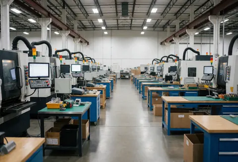 Spacious empty factory interior with production machines, work tables, industrial lighting, and polished floor