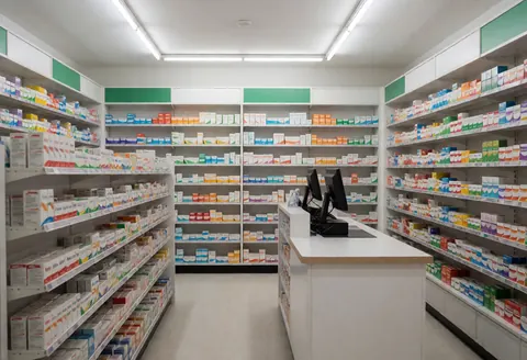 Empty pharmacy interior with medicine shelves, checkout counter, and fluorescent lighting ready for opening