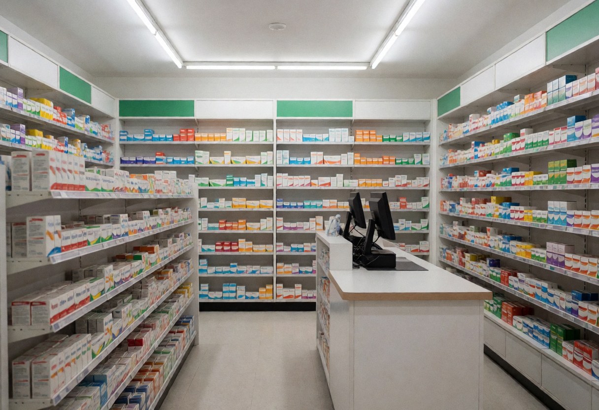 Empty pharmacy with shelves full of medications and customer service counter.