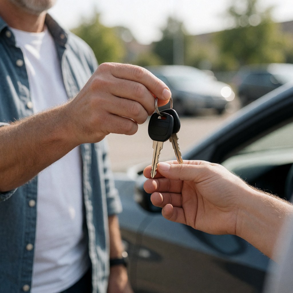 A man hands over car keys to another man in front of a vehicle in a parking lot.