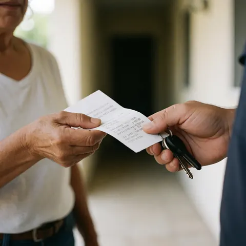 An electrician hands over keys and a receipt to a customer in a house hallway.