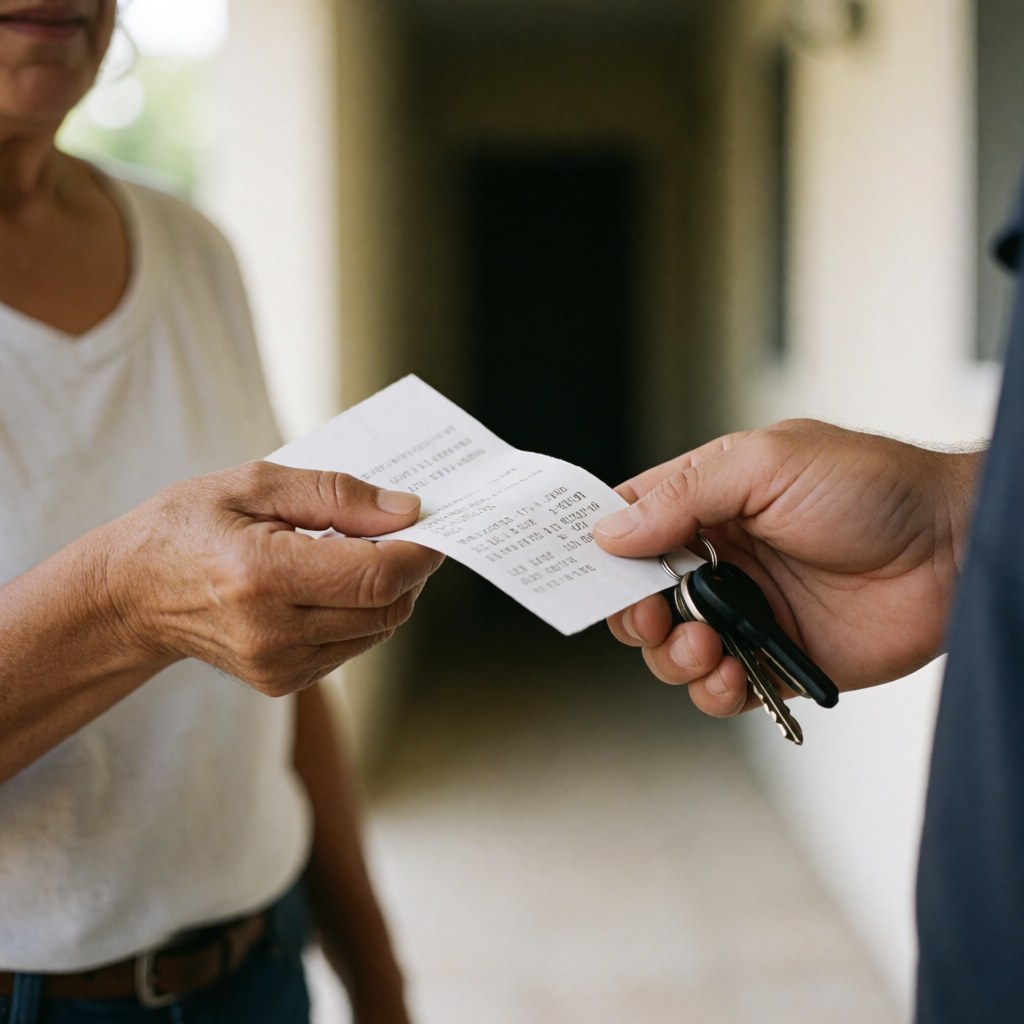 An electrician hands over keys and a receipt to a customer in a house hallway.