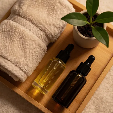 Two facial oil bottles, a towel, and a plant on a wooden tray creating a relaxing spa atmosphere