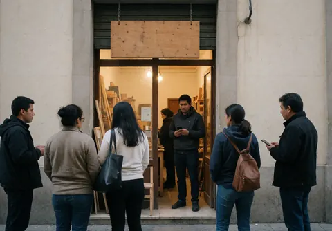 Group of people standing in front of an open art workshop door with warm lighting and a welcoming street atmosphere