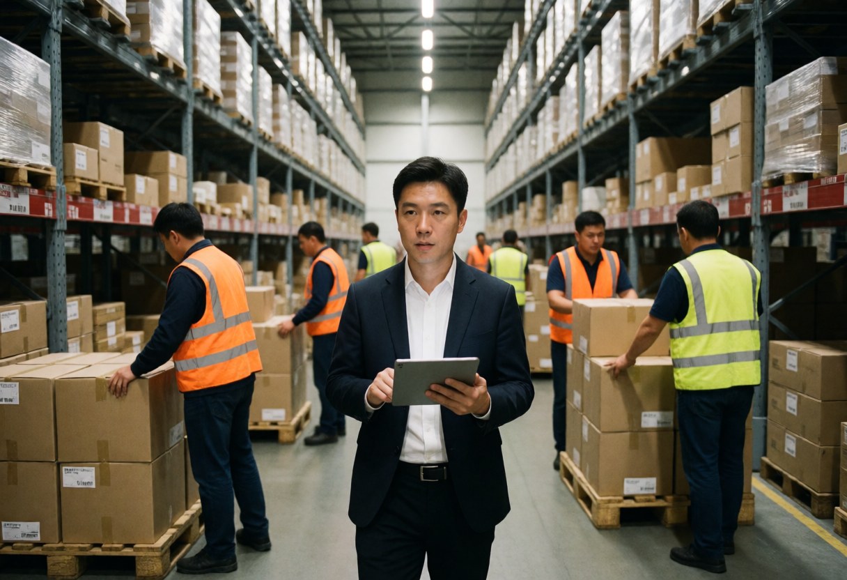 A logistics manager walks through a warehouse while workers move pallets near shelves full of boxes.