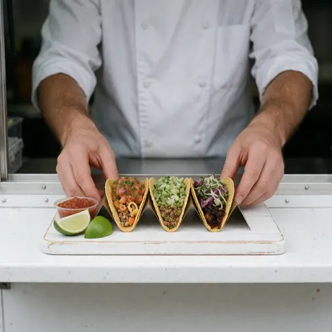 Three vibrant tacos with lime and salsa presented by a chef at a food truck with blurred background