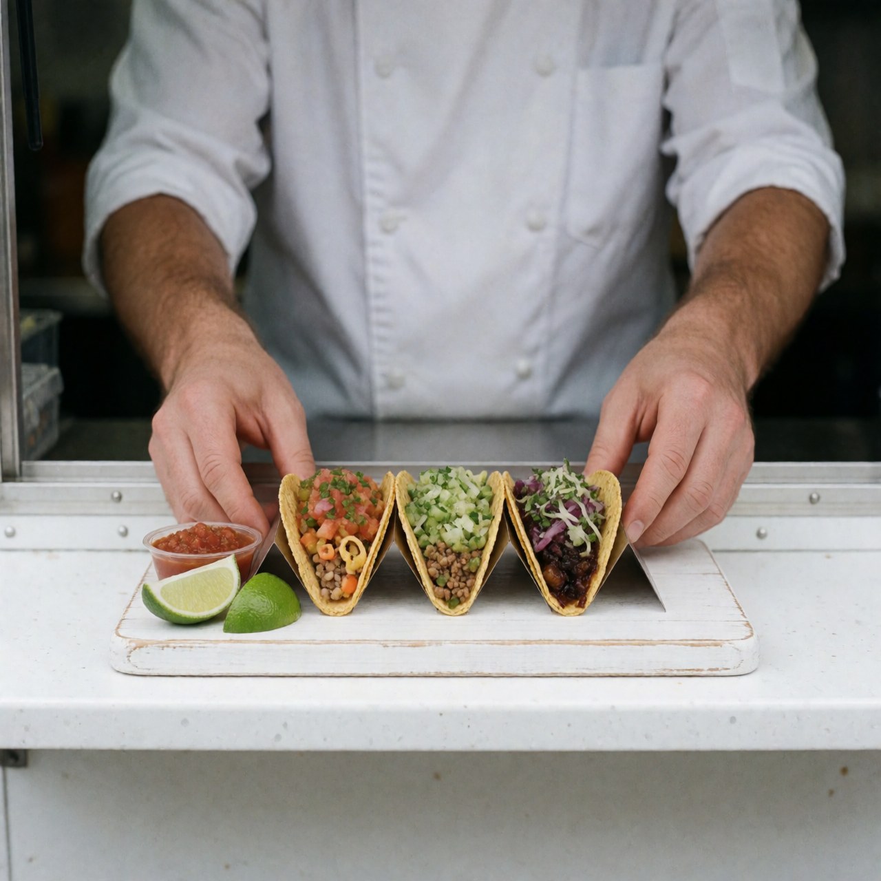 Three vibrant tacos with lime and salsa presented by a chef at a food truck with blurred background