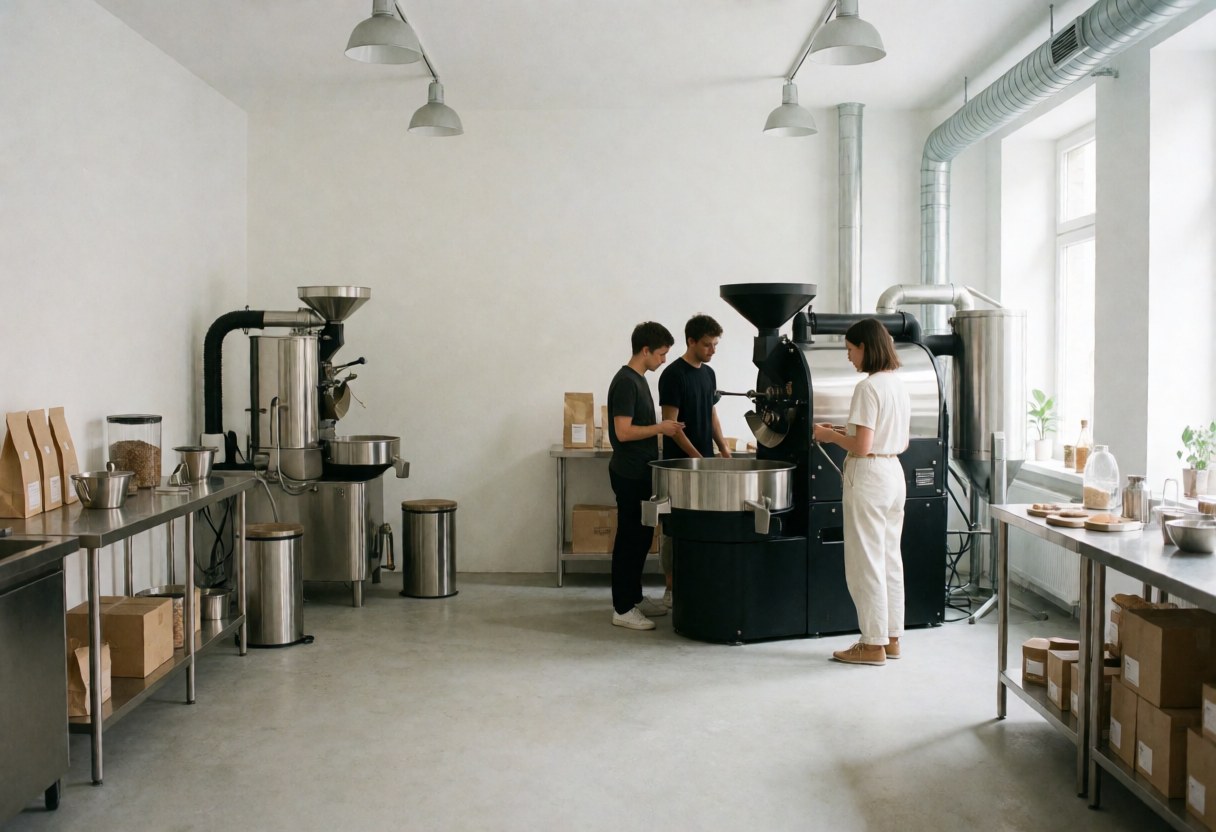 Three people working in a coffee factory with industrial machines, filling bags and checking the product.