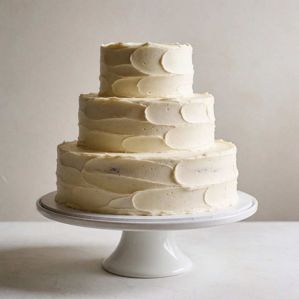 Three-tiered white wedding cake with cream texture, on a white pedestal on a table.