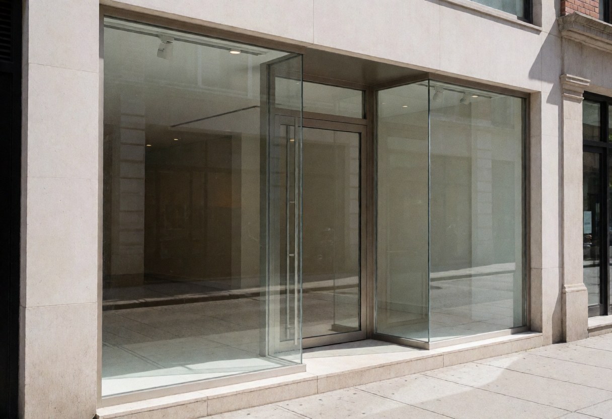 Modern office facade with large glass windows and entrance door, empty interior with no people or furniture visible.