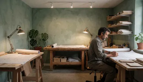 An architect with a beard works on blueprints on a wooden desk in his studio with green walls and plants.