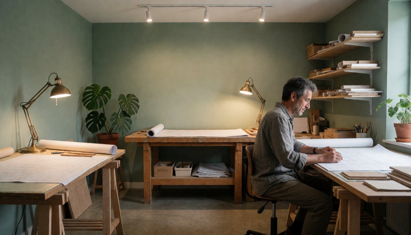 An architect with a beard works on blueprints on a wooden desk in his studio with green walls and plants.