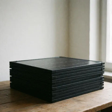 Stack of foldable solar panels on a rustic wooden table with natural window light and a clean white background