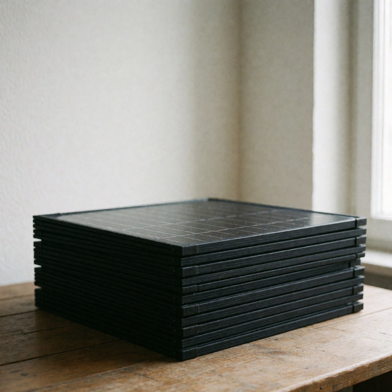 Stack of foldable solar panels resting on a rustic wooden table in a room with natural light.