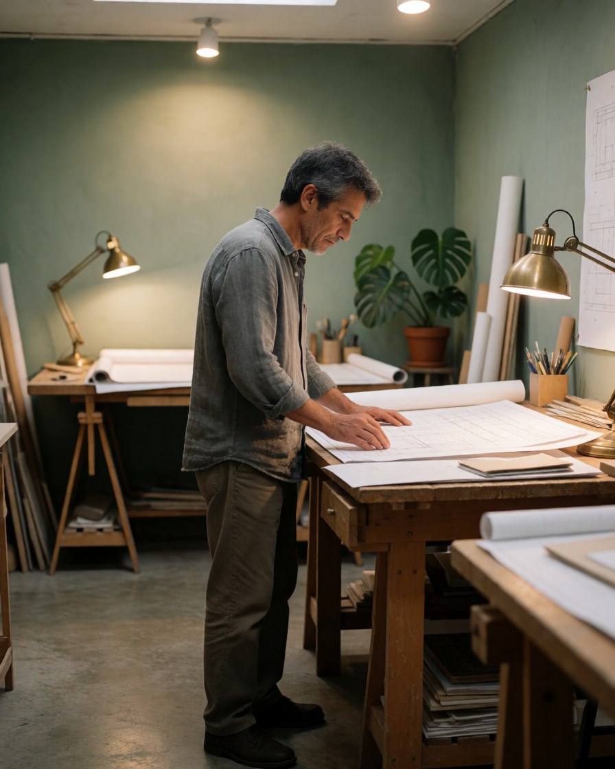 A middle-aged architect reviews architectural blueprints on a wooden table in a workshop with lamps and plants.