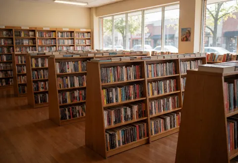 Wooden bookshelves filled with books in a quiet bookstore with polished wood floors and natural light from windows