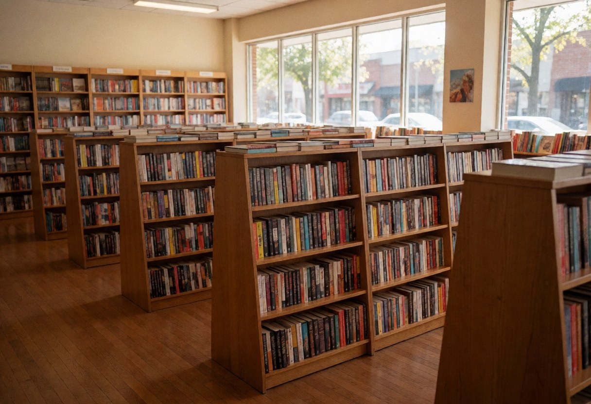 Interior of a bookstore with wooden shelves filled with books and hardwood floors.