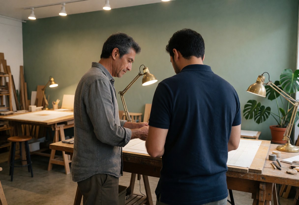 Two architects review blueprints in a design workshop with wooden tables and desk lamps.