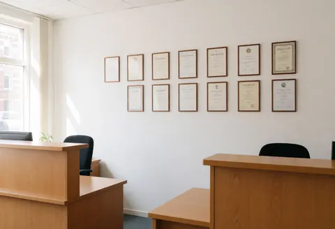Office reception with wooden desks, black chairs, and framed certificates on the white wall.
