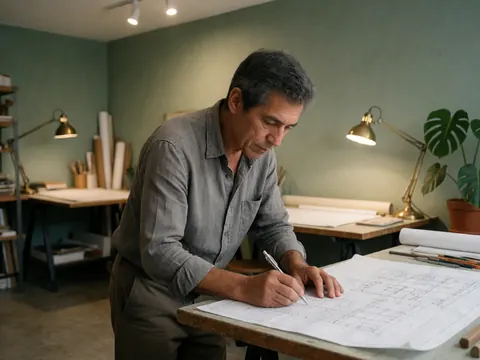 An older architect draws architectural blueprints with a pencil on a wooden desk in a studio with green walls and lamps.