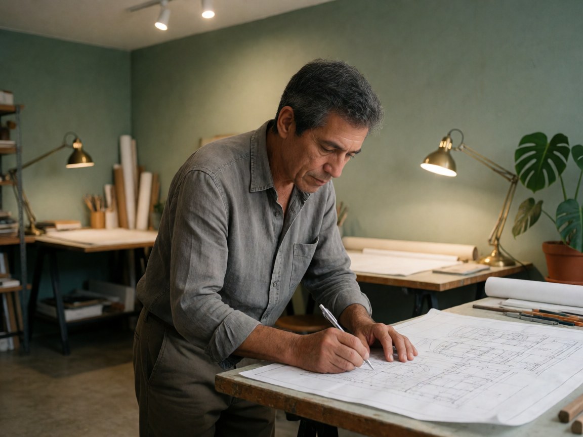 An older architect draws architectural blueprints with a pencil on a wooden desk in a studio with green walls and lamps.