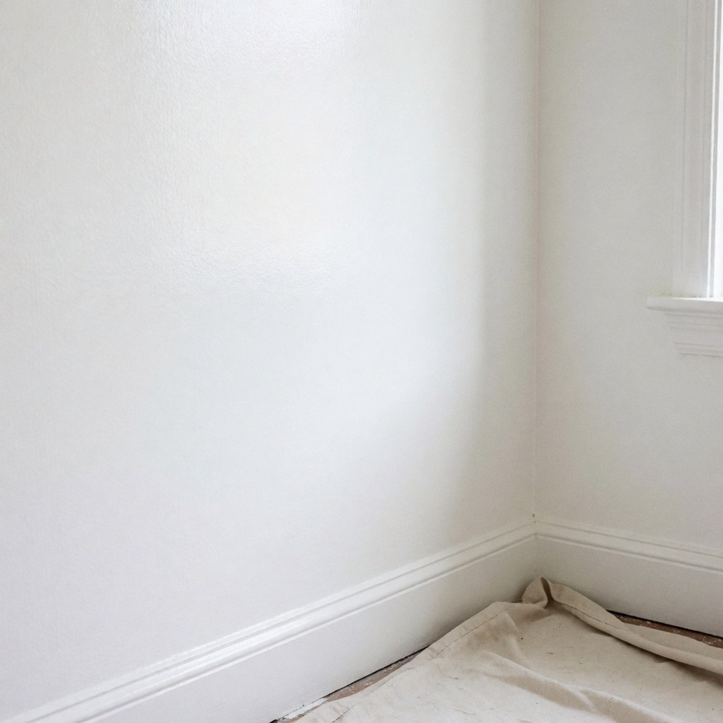 Freshly painted white wall with molding and drop cloth on the floor.