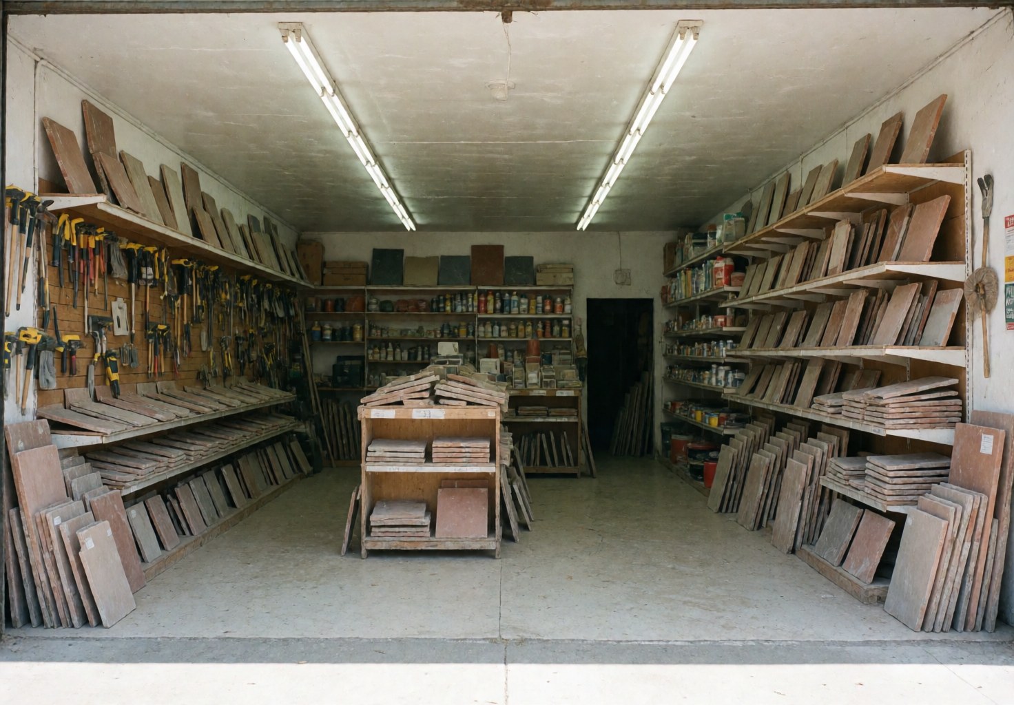 Construction materials warehouse with shelves full of planks, tools and DIY products.