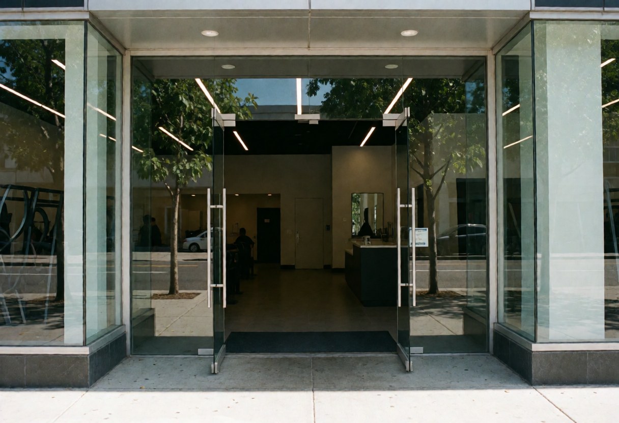 Modern building entrance with glass doors and reception desk inside.