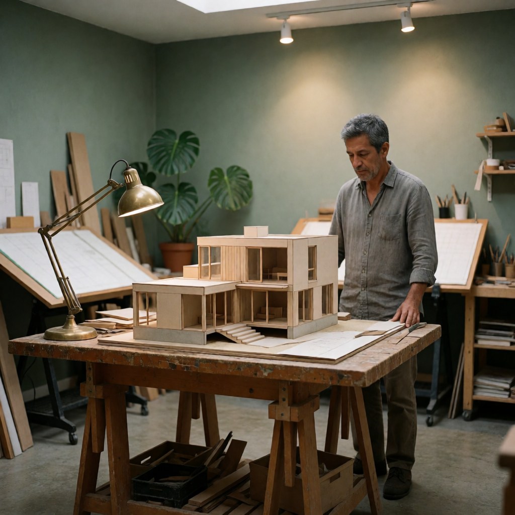 Detailed modern house architectural model displayed on a wooden workbench in a workshop surrounded by plants and tools