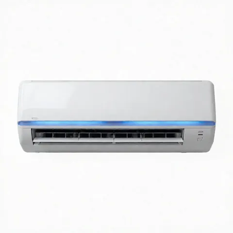 White indoor air conditioning unit mounted on a wall against a white background with blue indicator light for product catalogs