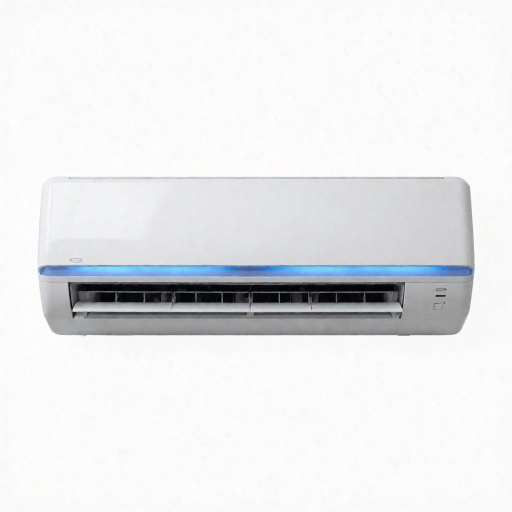 White indoor air conditioning unit mounted on a wall against a white background with blue indicator light for product catalogs