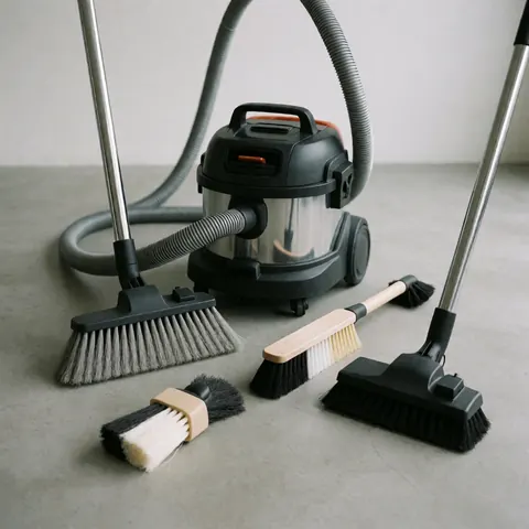 Empty professional brooms and brushes arranged on a gray floor, suitable for commercial or industrial cleaning services