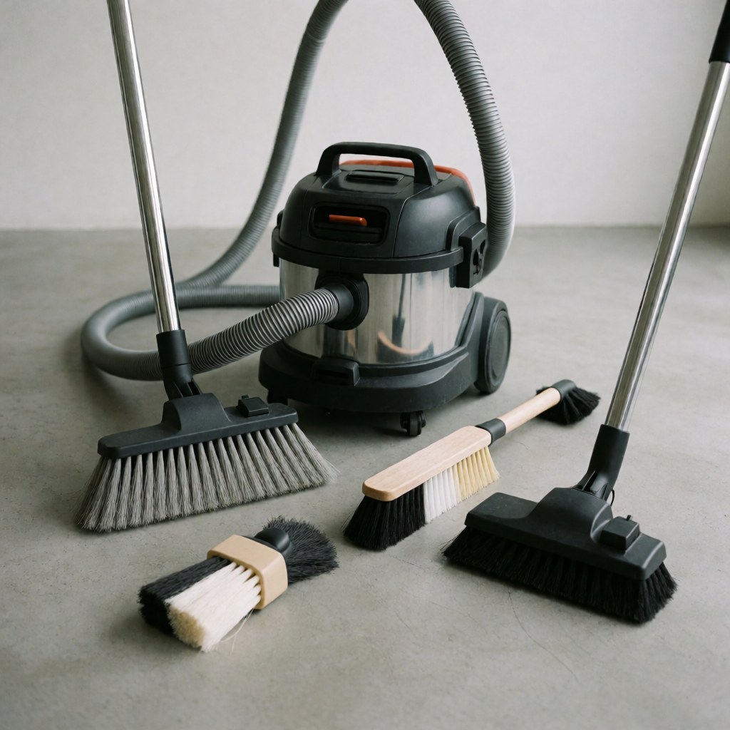 Empty professional brooms and brushes arranged on a gray floor, suitable for commercial or industrial cleaning services