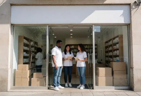 Three people at the clinic entrance, two holding documents, with a professional and welcoming atmosphere and visible product displays.